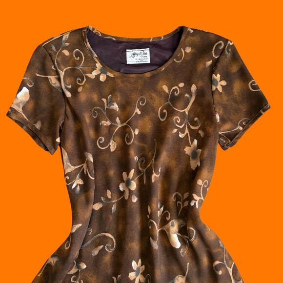 90's vintage brown earthy abstract floral chiffon short sleeve mini dress LARGE - Picture 2 of 7